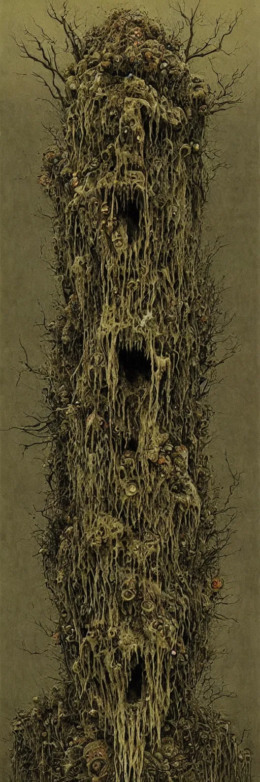 Image similar to disgusting, vile, rotten, filthy, vomit, insectoid, insect, infestation, gross, repugnant, crazy, insane, fangs, evil, style of zdislaw beksinski