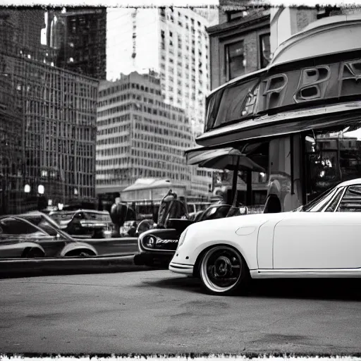 Prompt: An old porsche parked in front of a cafe in NYC, vintage photo, cinematic, black and white, close-up