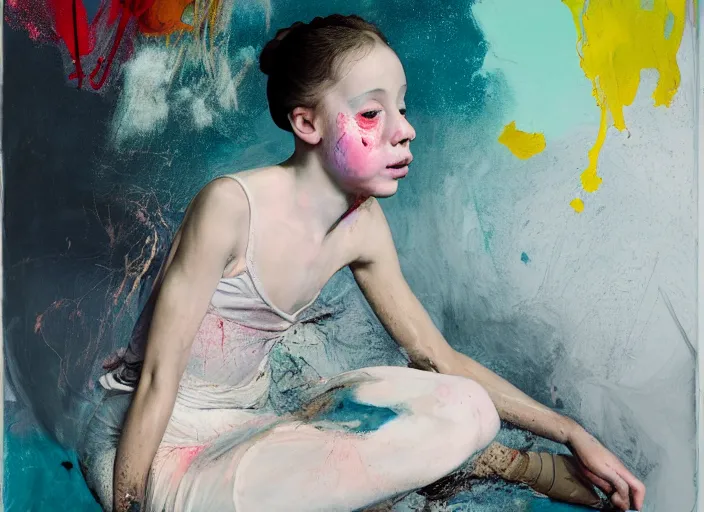 Image similar to portrait of nervous young girl ballerina sitting on the floor focusing in a dance hall by alberto seveso and hernan bas and francis bacon and pat steir and hilma af klint, psychological, photorealistic, symmetrical face, dripping paint, washy brush, matte painting, rendered in octane, altermodern, masterpiece