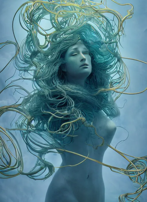 Prompt: subsurface scattering, medusa made of soft wax, cgsociety, translucent, wooden art nouveau swirls, organic fractals, colored smoke, gold cables, electricity, in the style of ruan jia and beeple and giger, mystical colors, back light, rim light, dramatic lighting, 8 k, stunning scene, raytracing, octane render