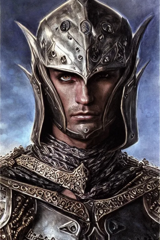 Image similar to head and shoulders portrait of an eldritch knight, drow, dark elf, shadar kai, male, breastplate, magical, high fantasy, d & d, by donato giancola, face details, extremely detailed, vogue fashion photo