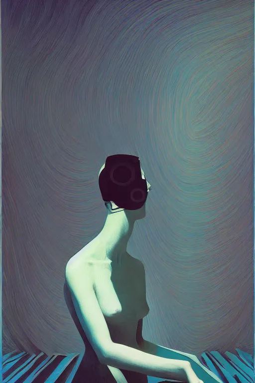 Image similar to woman wearing Oculus and digital glitch head Edward Hopper and James Gilleard, Zdzislaw Beksisnski, higly detailed