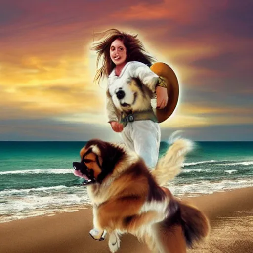 Image similar to girl riding a giant saint Bernard at the beach catching a frisbee, trending on artstation