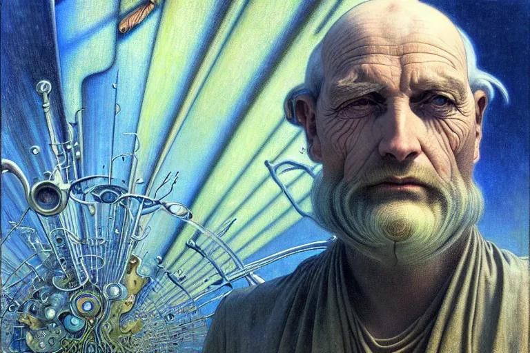 Image similar to realistic extremely detailed portrait closeup painting of an old man, futuristic sci-fi landscape on background by Jean Delville, Amano, Yves Tanguy, Alphonse Mucha, Ernst Haeckel, Edward Robert Hughes, Roger Dean, rich moody colours, silver hair and beard, blue eyes