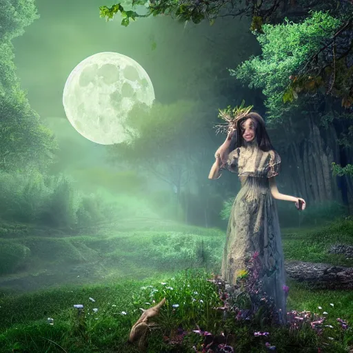 Prompt: 4 k portrait intricate background mystical forest cottage glowing moon octane render intricate detailed earth witch