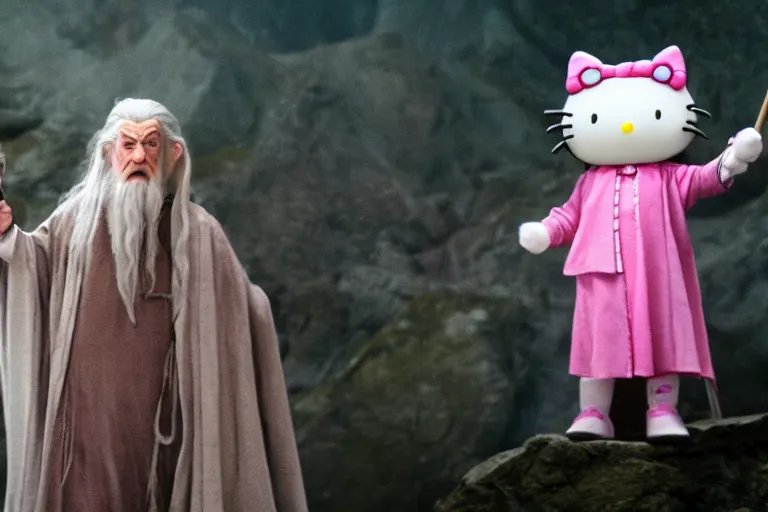 Image similar to short scruffy-looking Gandalf wearing pink Hello kitty costume meets tall regular Gandalf the white, dramatic lighting, movie still from Lord of the Rings, cinematic