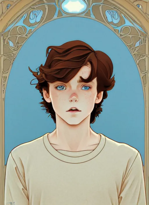 Image similar to art nouveau portrait of a teen boy with completely straight auburn hair, light blue eyes, pale skin, freckles, sad expression, t - shirt, modern casual clothing, natural lighting, path traced, highly detailed, high quality, cartoon, digital painting, by don bluth and ross tran and studio ghibli and alphonse mucha