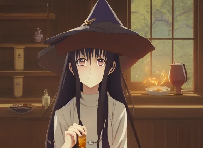 Image similar to anime visual, portrait of a young female traveler wearing a witch hat in a alchemist's potion shop interior, cute face from katsura masakazu and yoh yoshinari,, cinematic luts, dynamic pose, dynamic perspective, strong silhouette, anime cels, ilya kuvshinov, crisp and sharp, rounded eyes, moody, cool colors