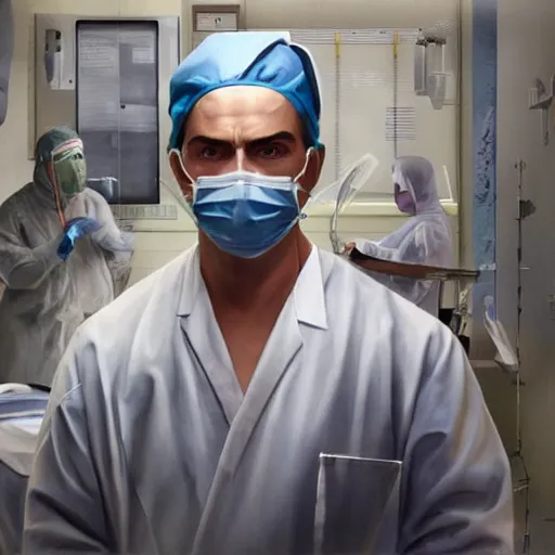 Image similar to A mixed media painting of a surgeon standing in an operating room, surrounded by new technology, infused with lightning, very aesthetic, curvy, surgical mask covering face, surgical gown and scrubs on, by Frank Frazetta, Greg Rutkowski, Boris Vallejo, Beeple, Yoko Taro, Christian MacNevin, CGsociety, full length, exquisite detail, post-processing, masterpiece, cinematic