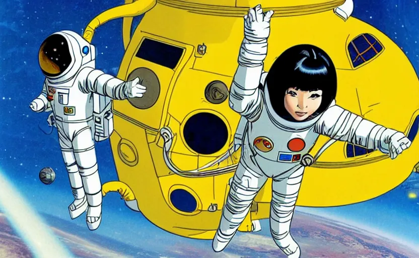 Image similar to yoko tsuno a female astronaut in jaxa yellow spacesuit floating in a scenic space environment next to spaceship, moebius