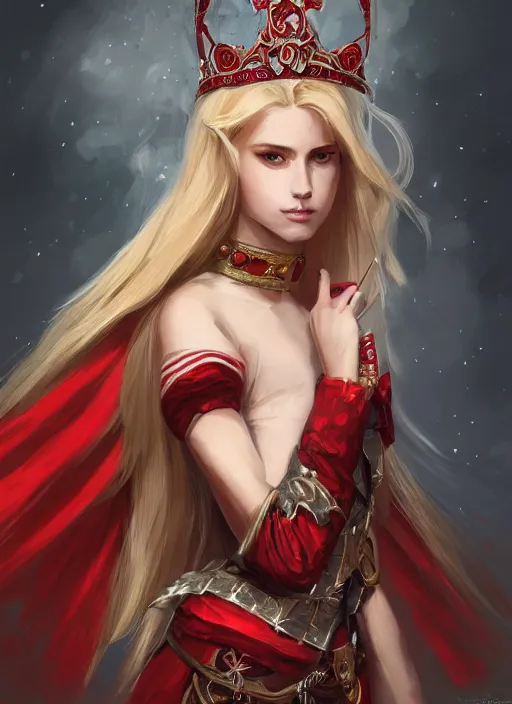 Prompt: a highly detailed illustration of beautiful long dirty blonde haired pale girl wearing red epaulette uniform, wearing crown, red eyes, dramatic seductive pose, intricate, elegant, highly detailed, centered, digital painting, artstation, concept art, smooth, sharp focus, league of legends concept art, WLOP