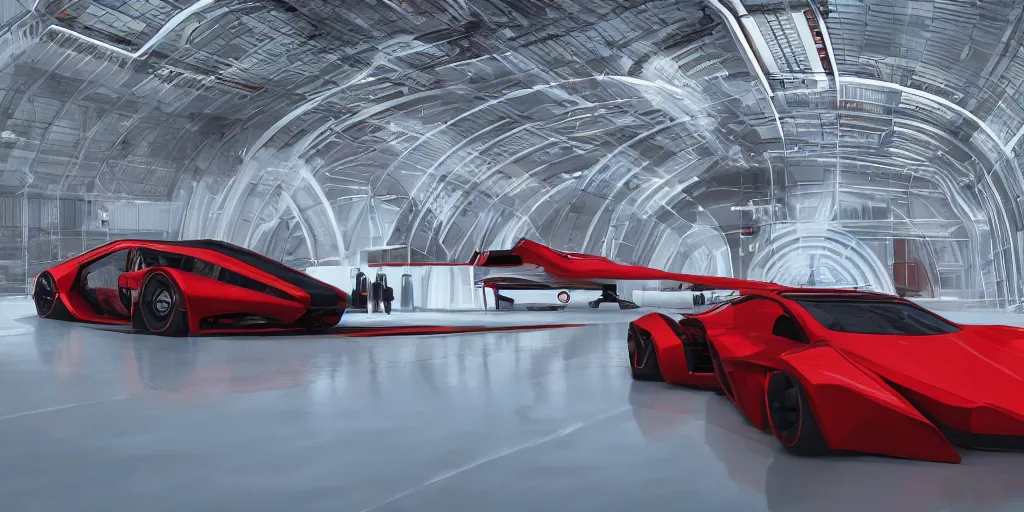 Prompt: kama - 1 concept car, inside futuristic hangar, red car, sharp focus, ultra realistic, ultra high pixel detail, cinematic, intricate, cinematic light, concept art, illustration, art station, unreal engine 8 k