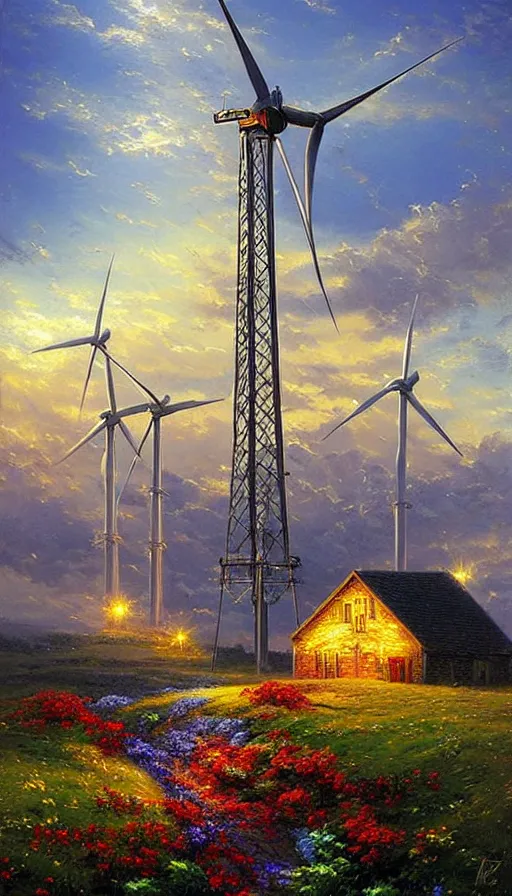 Image similar to beautiful wind turbines, art by thomas kincade