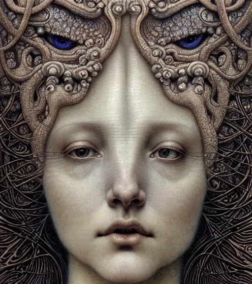 Prompt: detailed realistic beautiful glass goddess face portrait by jean delville, gustave dore, iris van herpen and marco mazzoni, art forms of nature by ernst haeckel, art nouveau, symbolist, visionary, gothic, neo - gothic, pre - raphaelite, fractal lace, intricate alien botanicals, biodiversity, surreality, hyperdetailed ultrasharp octane render