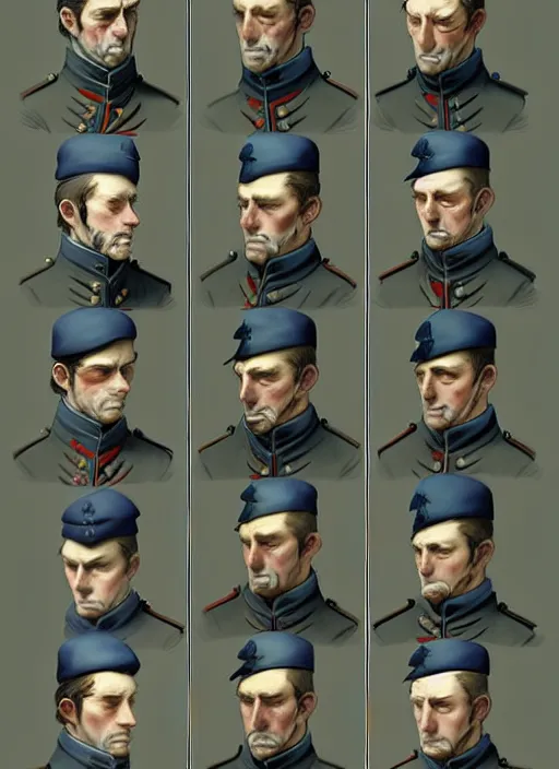 Prompt: 1 8 5 5 injured british crimean war soldier, character face study, multiple angles, directions and moods. faces only, concept art finely detailed perfect art, painted by greg rutkowski makoto shinkai takashi takeuchi studio ghibli, pinterest, cevagraf comics