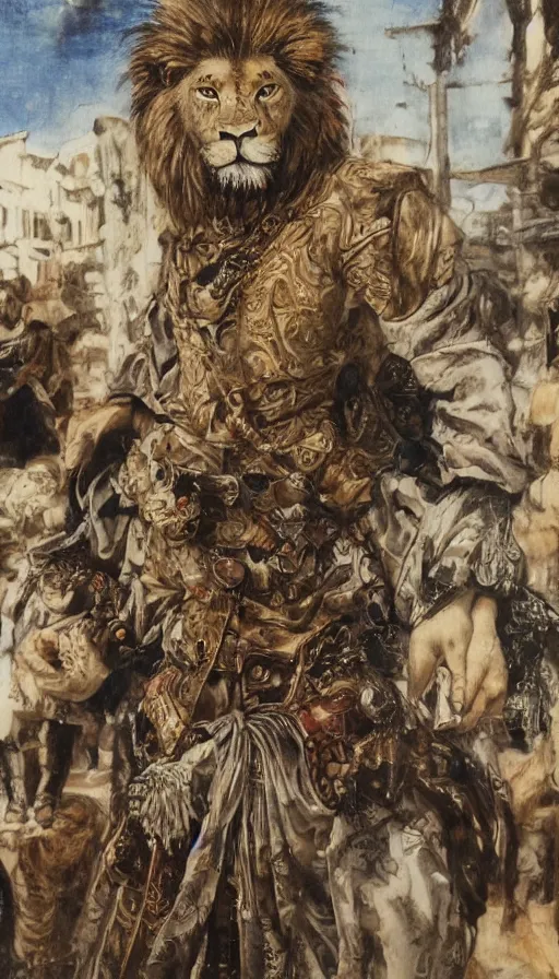 Prompt: 8 k yoshitaka amano painting of upper body of a young cool looking lion beastman with white mane at a medieval market at day. depth of field. renaissance style lighting.