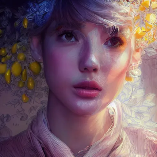 Image similar to the portrait of an absurdly beautiful, graceful, elegant, sophisticated, young idol made up of lemons, an ultrafine hyperdetailed illustration by kim jung gi, irakli nadar, intricate linework, bright colors, octopath traveler, final fantasy, unreal engine 5 highly rendered, global illumination, radiant light, detailed and intricate environment