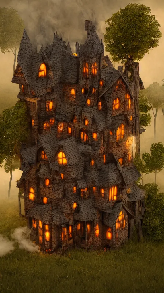 Image similar to fabricate an old witch house in style of wizard of oz, lots of smoke, gloomy, soft yellow red, atmosphere, rooftop smoking,, cinematic, unreal engine, golden ratio, cosmic horror, realistic, photorealistic. realistic, 8 k octanerender