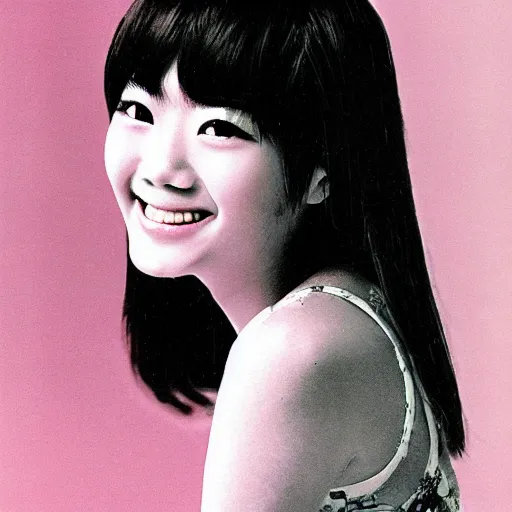 Image similar to 1 9 7 0 s record - album art of a young cute female japanese pop - idol who has yaeba slightly crooked teeth. high - quality high - resolution scanned image.