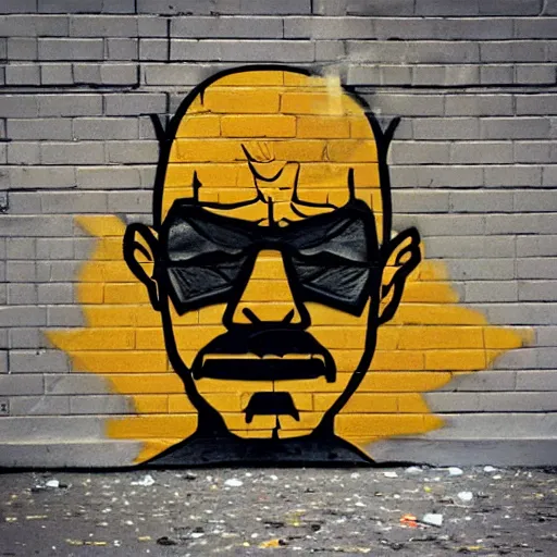 Image similar to Heisenberg, Walter White as Batman, Urban Graffiti Banksy, Bordalo, trending on artstation