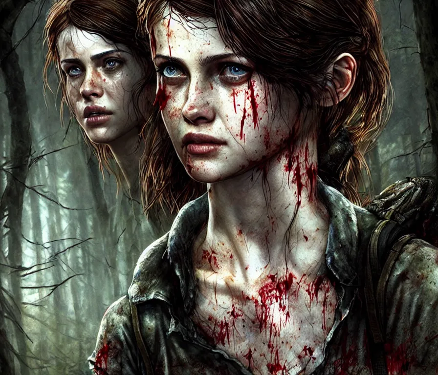 Prompt: ellie from last of us 2, covered in blood, in dark forest, alexandra daddario face!, realistic, sharp focus, hdr, 8 k, high definition, insanely detailed, intricate, elegant, art by stanley lau and artgerm, luis royo, greg kutkowski