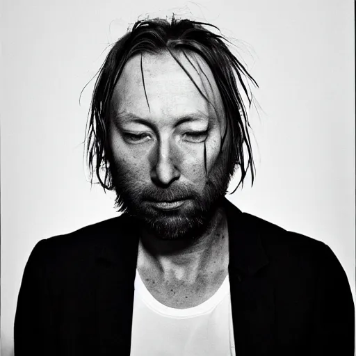 Image similar to Yorke Radiohead thom, with a beard and a black jacket, a portrait by John E. Berninger, dribble, neo-expressionism, uhd image, studio portrait, 1990s