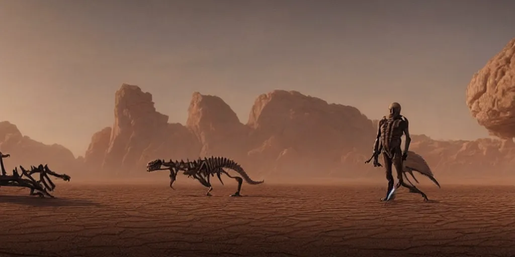 Prompt: screenshot from a movie, epic matte painting of a giant reptile skeleton in a sandy desert with scientists in the foregroud for scale, cinematic cinematography masterpiece, greg rutkowski, and ivan aivazovski, roger deakins