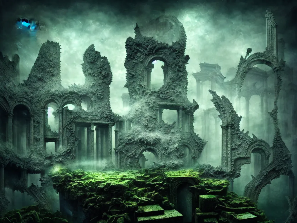 Prompt: highly detailed photo of fractal, trending on deviantart, neo surrealism, sharp focus, 4 k, a lot of little details, octane, masterpiece, art by leonor fini foam mist water, ruins, building blocks,, diamond texture