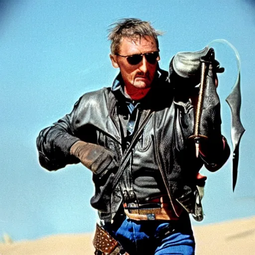 Image similar to Film still of Dennis Hopper in Mad Max 2: The Road Warrior