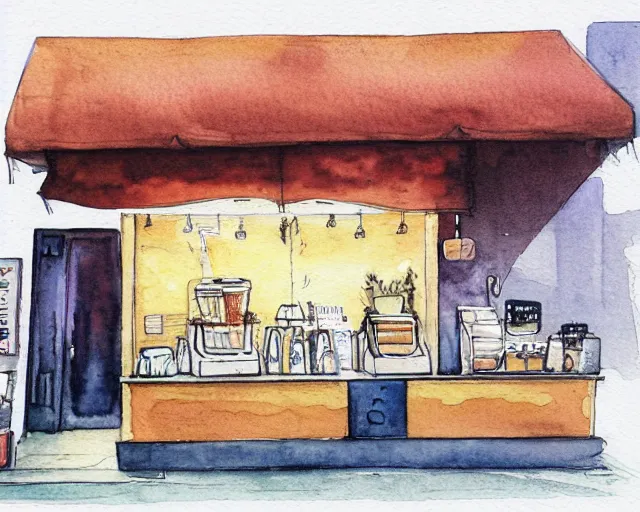 Prompt: a coffee shop smooth light color watercolor pen