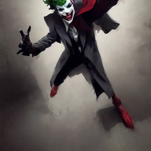 Image similar to joker, dynamic pose, painted by wenjun lin, greg rutkowski