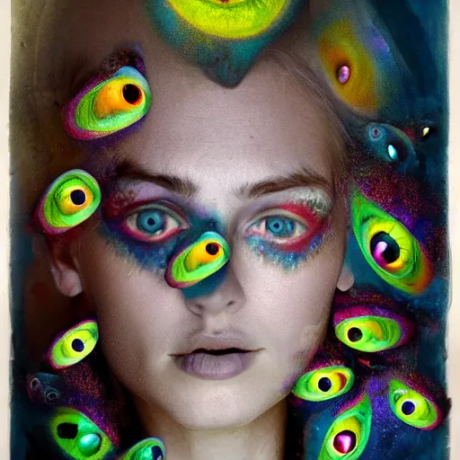 Image similar to A beautiful collage a large eye that is looking directly at the viewer. The eye is composed of a myriad of colors and patterns, and it is surrounded by smaller eyes. The smaller eyes appear to be in a state of hypnosis, and they are looking in different directions. by Norman Cornish, by Brooke Shaden playful