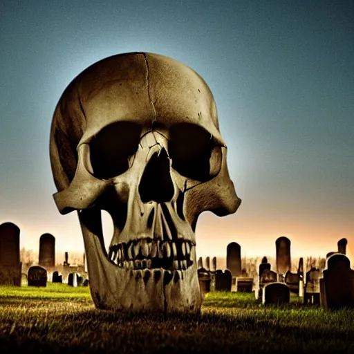Prompt: giant skull hovering over graveyard, realistic shattered human skull, nighttime award winning photography