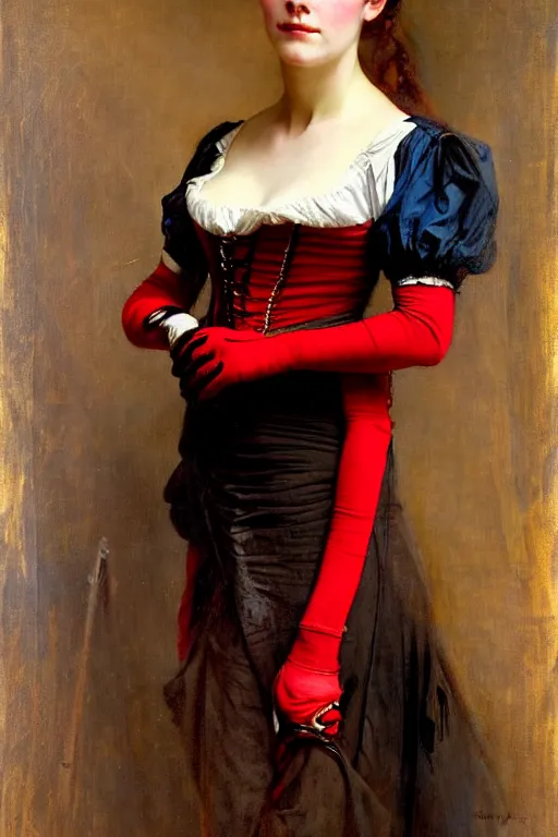 Image similar to solomon joseph solomon and richard schmid and jeremy lipking victorian genre painting full length portrait painting of a young beautiful woman wearing gloves traditional german french actress model pirate wench in fantasy costume, red background