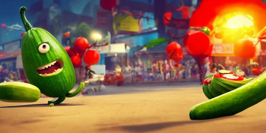 Image similar to detailed 3 d render of a furious zucchini character chasing down a frantic tomato, concept, high speed action, martial arts, explosions, bloody knife, dramatic scene, hyper realistic octane render, cinematic lighting, deviantart, pop - surrealism, lowbrow, frame from independent pixar movie