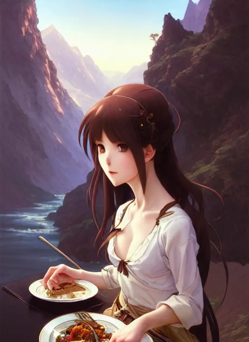 Prompt: concept art by artgerm, cute anime girl eating her dinner, cold natural light, intricate, elegant, highly detailed, mountain background with houses and river, digital painting, artstation, concept art, smooth, sharp focus, illustration, art by greg rutkowski and alphonse mucha and uang guangjian and gil elvgren, symmetry!!