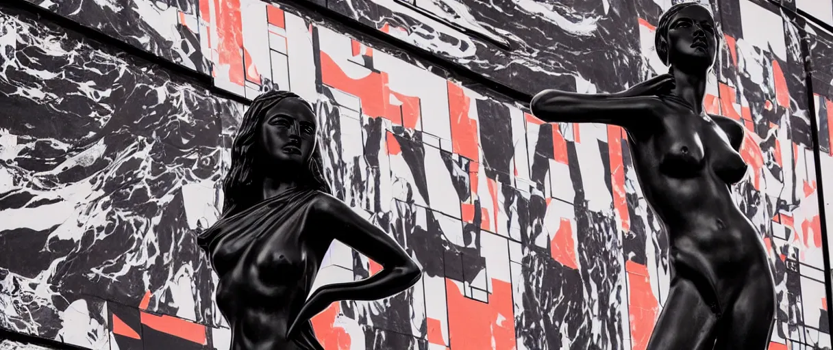 Image similar to night time photo of billboard advertisement of extremely beautiful female black marble statue in the style of virgil abloh, colorful motocross logos behind her, sharp focus, clear, detailed,, cinematic, detailed, off white, glamourous, symmetrical, vogue, editorial, fashion, magazine shoot, glossy