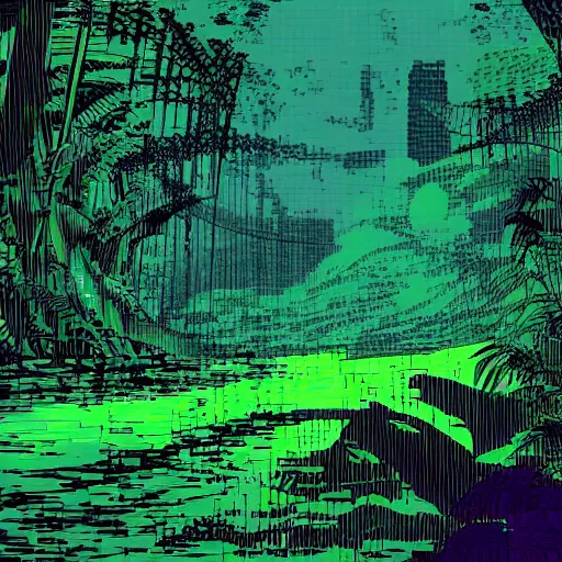 Prompt: a river flowing through the jungle at night, digital art, cyberpunk, cga graphics scheme