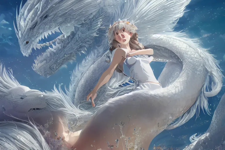 Image similar to a hyper detailed big render that beautiful princess lie on the ground be surrounded in the white clouds fairyland center by a huge silver white dragon, finely detailed angelic face, style of studio ghibli, makoto shinkai, xision, ilya kuvshinov and artgerm, kazuki tanahashi, james jean, animation style, golden curve composition, ultra wide angle