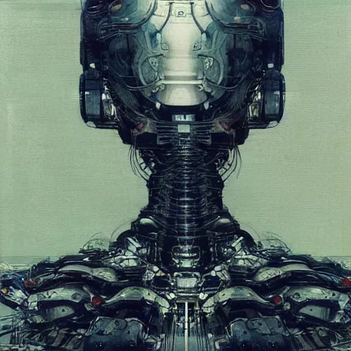 Image similar to “ a simple sci - fi concept art portrait of a sleek robot design, a highly detailed yoshitaka amano painting, by adrian ghenie and gerhard richter. art by takato yamamoto. masterpiece, deep colours. ”