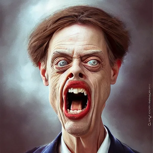 Image similar to hyper realistic absurd, silly, making insane faces, steve buscemi / john waters riding a tiny tricycle, painted by greg rutkowski, wlop, artgerm