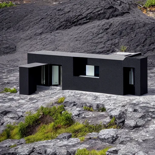 Prompt: tall black geometric house, embedded in lava cliff, full view, black house, molten metal house, minimal design, highly detailed