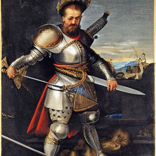 Image similar to donald trump, wearing knight ’ s armor, holding a spectacular broadsword, by annibale carracci, two arms, two legs