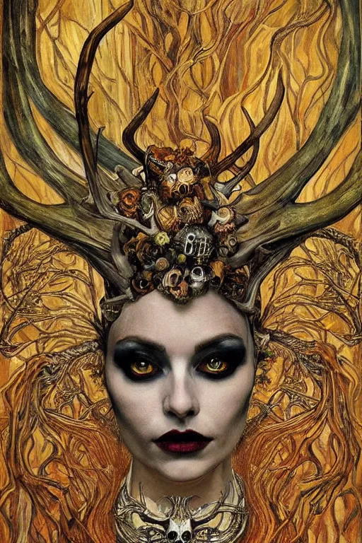 Image similar to The Queen of Bones by Karol Bak, Jean Deville, Gustav Klimt, and Vincent Van Gogh, portrait of a majestic demonic queen, beautiful vampire queen, jade green cat eyes on fire, mystic eye, otherworldly, crown made of bones, antlers, horns, ornate jeweled crown, skull, fractal structures, arcane, inscribed runes, infernal relics, ornate gilded medieval icon, third eye, spirals, rich deep moody colors