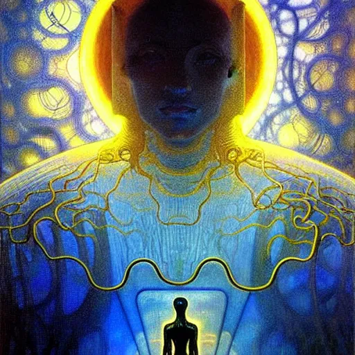 Image similar to realistic extremely detailed portrait painting of a glowing male silhouette, futuristic sci-fi landscape on background by Jean Delville, Amano, Yves Tanguy, Alphonse Mucha, Ernst Haeckel, Edward Robert Hughes, Roger Dean, rich moody colours, blue eyes