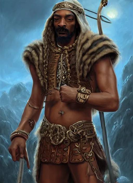 Image similar to snoop dogg as a barbarian, short beard, grumpy, Ivan Aivakovsky, Boris Vallejo, epic fantasy character art, D&D Concept Art, full length, Realistic, Regal, Refined, Detailed Digital Art, Oil Paining, Exquisite detail, post-processing, masterpiece, Cinematic Lighting, Unreal Engine, 8k, HD, Stanley Artgerm Lau, WLOP, Rossdraws, Frank Frazetta, Andrei Riabovitchev, Marc Simonetti, trending on artstation,