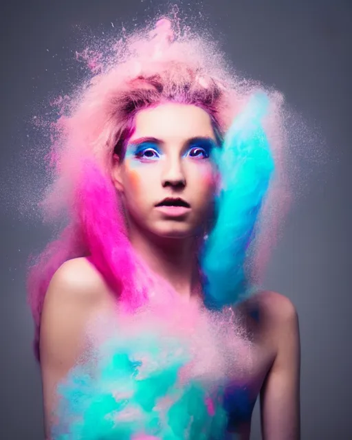 Image similar to a dramatic lighting photo of a beautiful young woman with cotton candy hair. paint splashes. with a little bit of cyan and pink