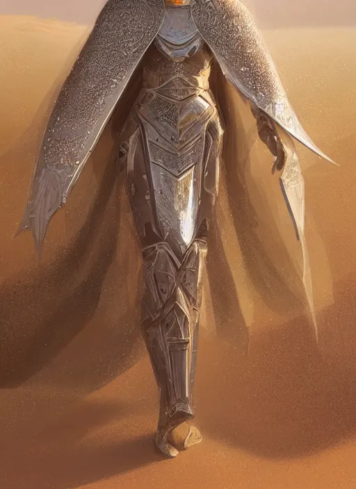 Prompt: a knight in translucent crystal armor in the desert surrounded by sand dunes, greg rutkowski, 8 k, shallow depth of field, intricate detail, concept art,