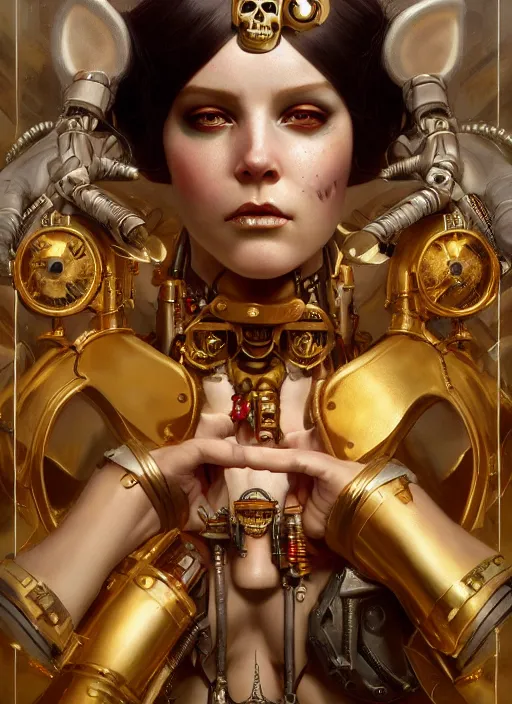 Prompt: hyper realistic girl cyborg with gold skull head hornment, magical, gems, jewels, gold, steampunk, cyberpunk utopia, painted by tom bagshaw, mucha, gaston bussiere, craig mullins, j. c. leyendecker 8 k