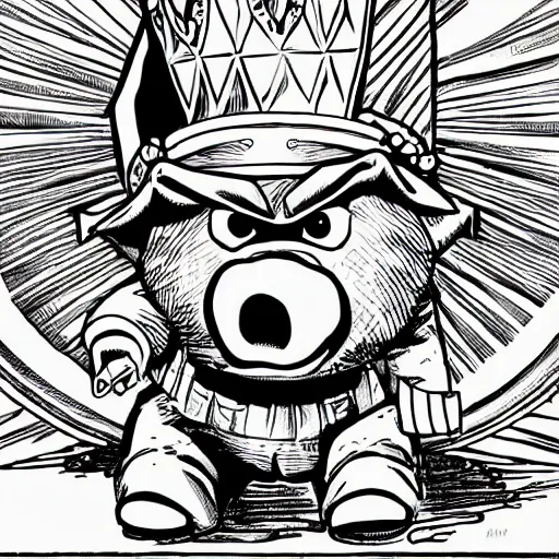 Image similar to detailed lineart comic book drawing of grinning pig wearing a gold crown flying with a cape in the style of jim lee